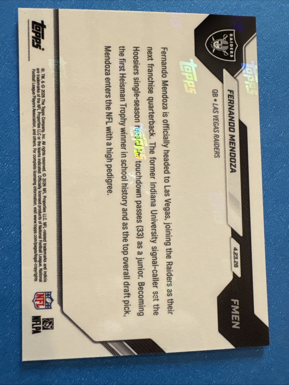 FERNANDO MENDOZA 2026 Topps Now NFL Draft Night 1st Overall Pick #FMEN Raiders