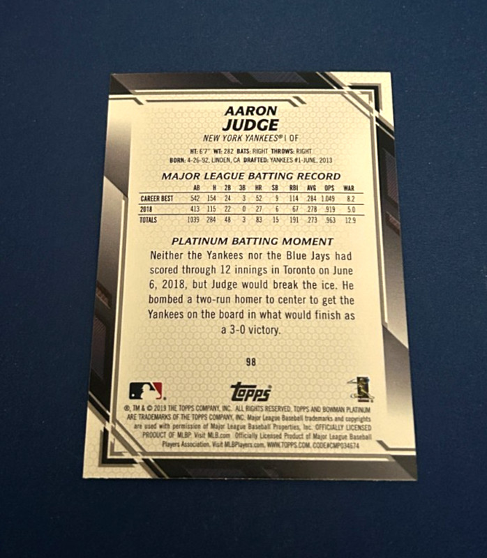 2019 Bowman Platinum Baseball Aaron Judge #98 Future HOF Set Break NM