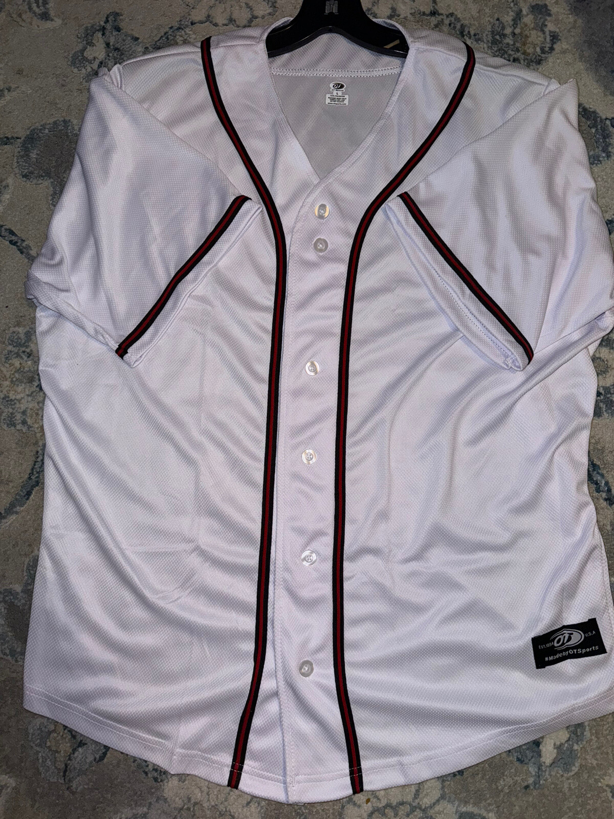 OT Sports Mens White and Red/Black Stripes Button Up Baseball Jersey Size Large