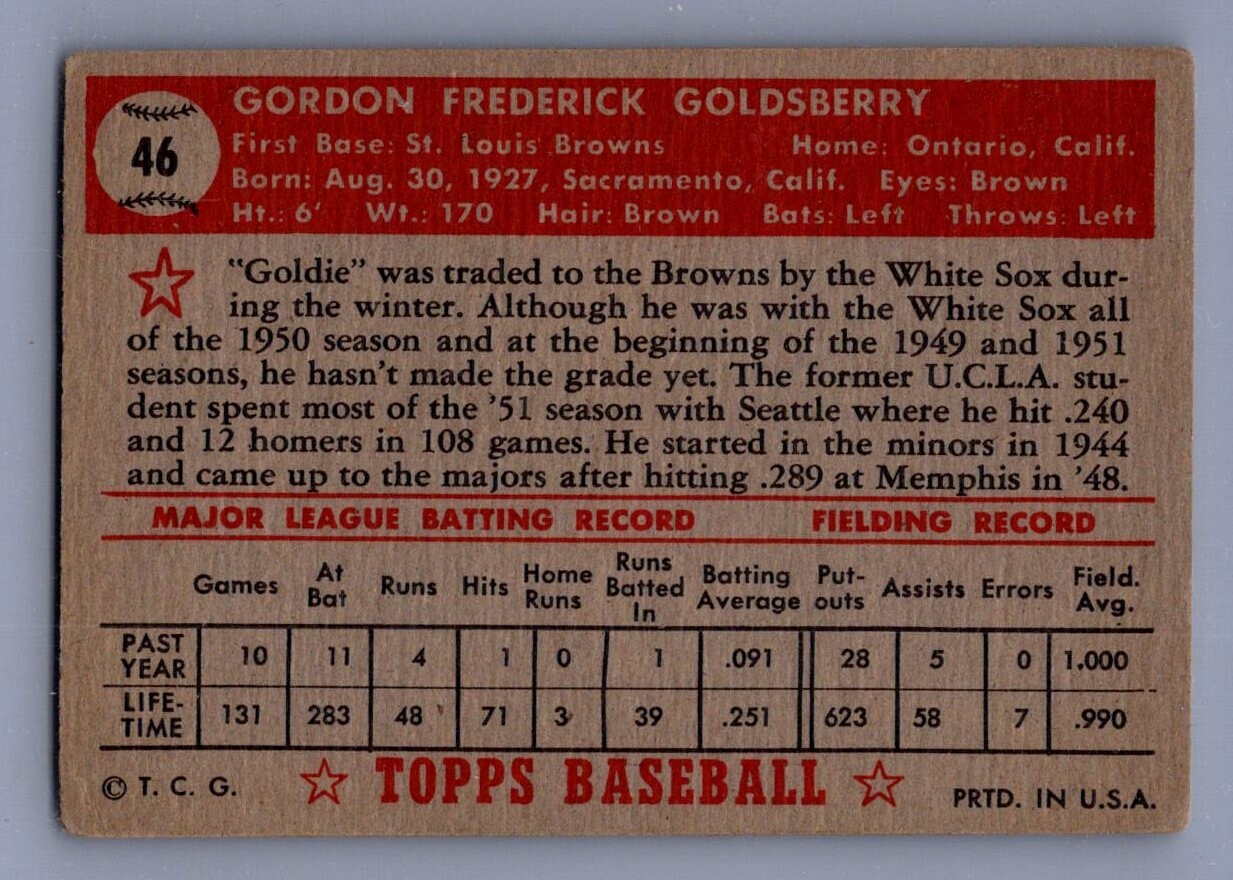 1952 Topps Red Back #46 Gordon Goldsberry RC Rookie Card St. Louis Browns VG