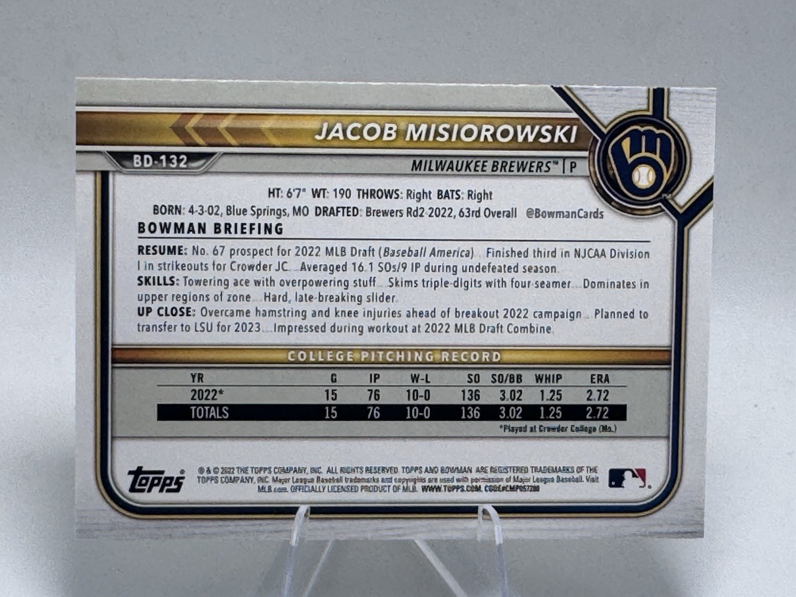 2022 Bowman Draft – Jacob Misiorowski #BD-132 (RC) 1st Brewers