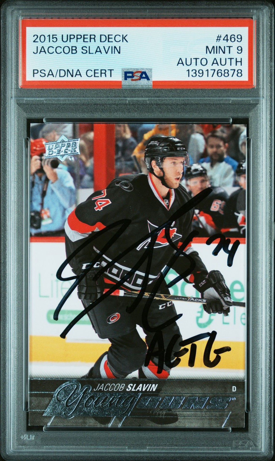 2015-16 Upper Deck Young Guns Jaccob Slavin #469 (RC) Autographed PSA 9
