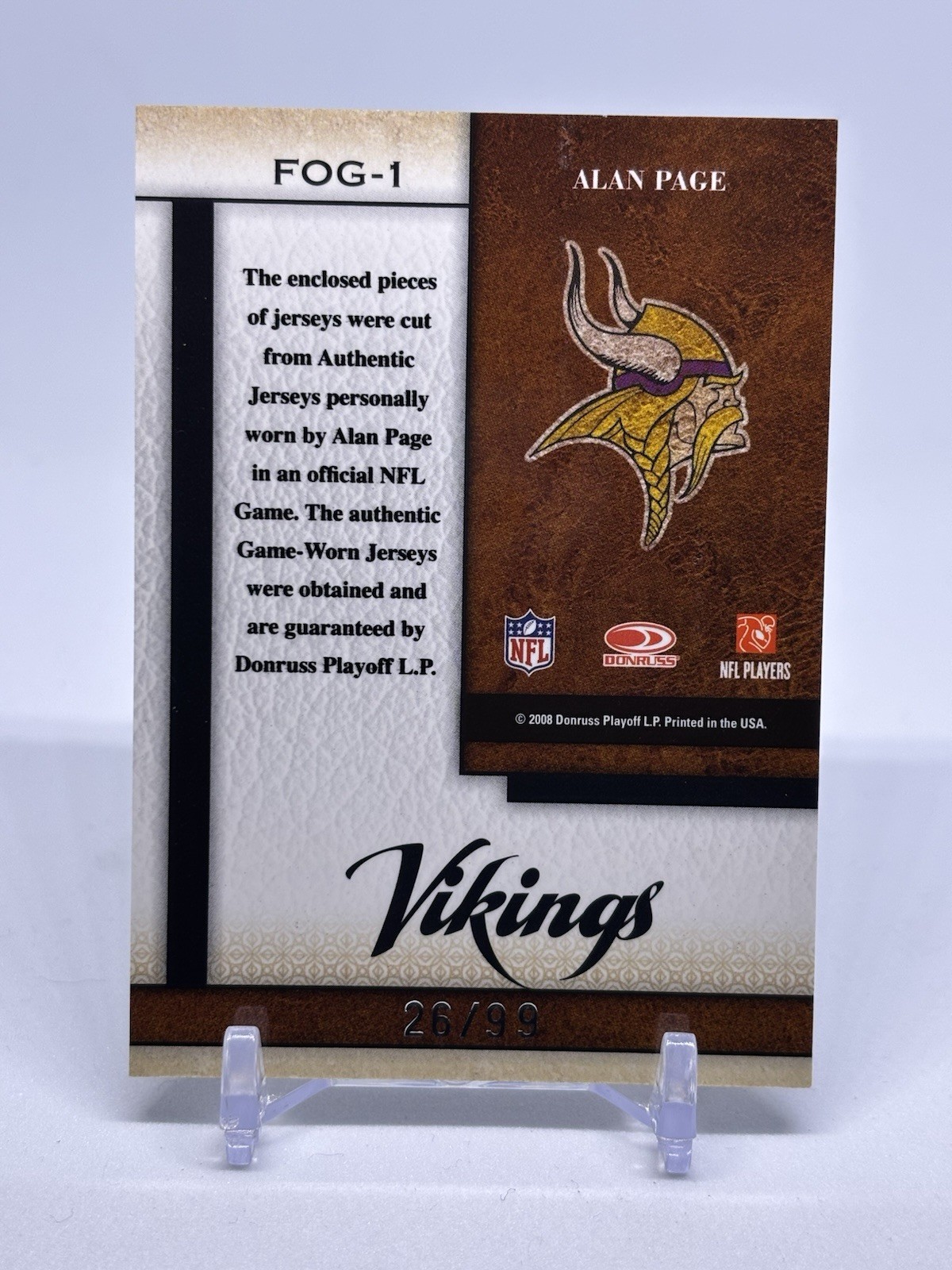 2008 Leaf Certified Materials – Fabric of the Game Alan Page #FOG-1 /99 (MEM)
