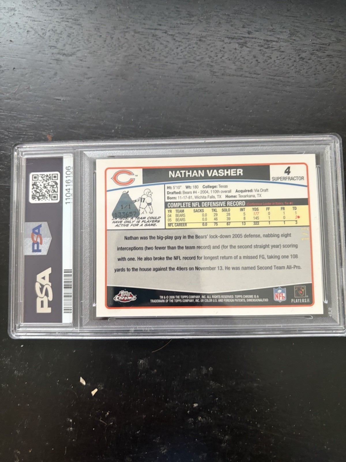 2006 Topps Chrome Superfractor Nathan Vasher 1/1 Bears
