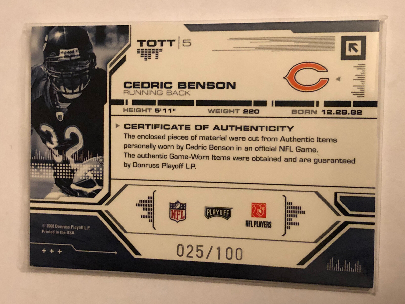Cedric Benson Chicago Bears 2008 Absolute Tools Of Trade Dual Jersey #5 #25/100