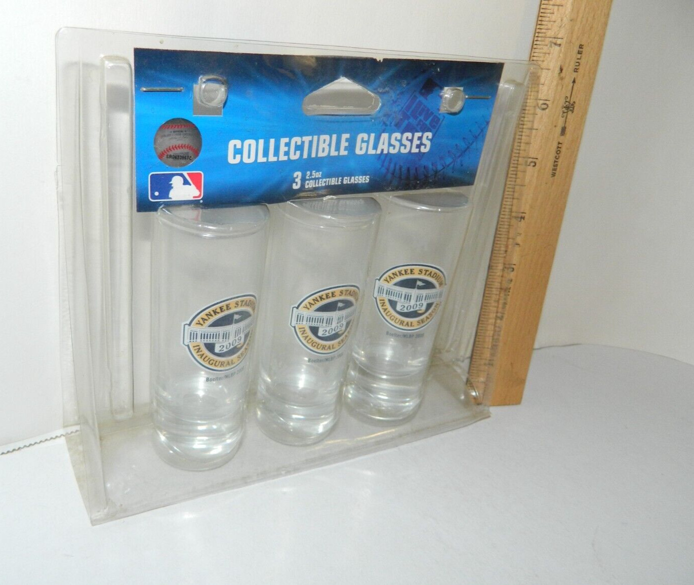 AS IS NEW YORK YANKEES stadium TALL SHOT GLASS SET of 3 Inaugural season 2.5 OZ