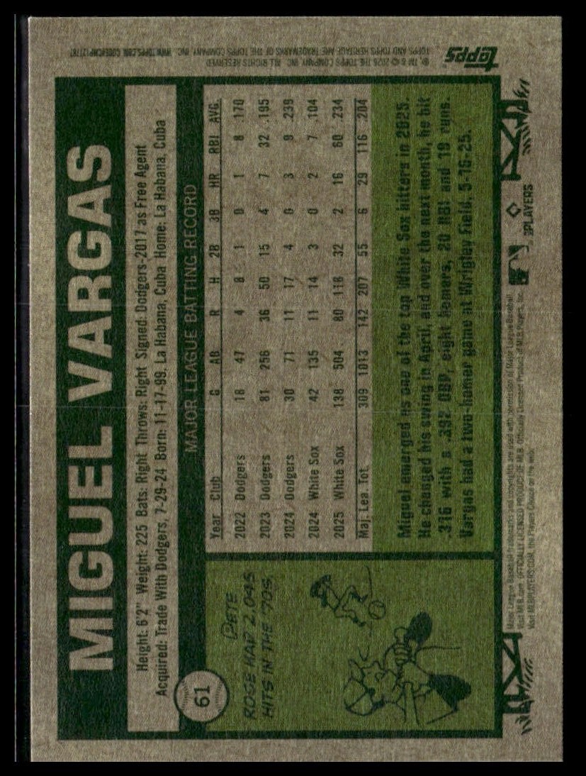 2026 Topps Heritage 61 Miguel Vargas Chicago White Sox Short Print SP
