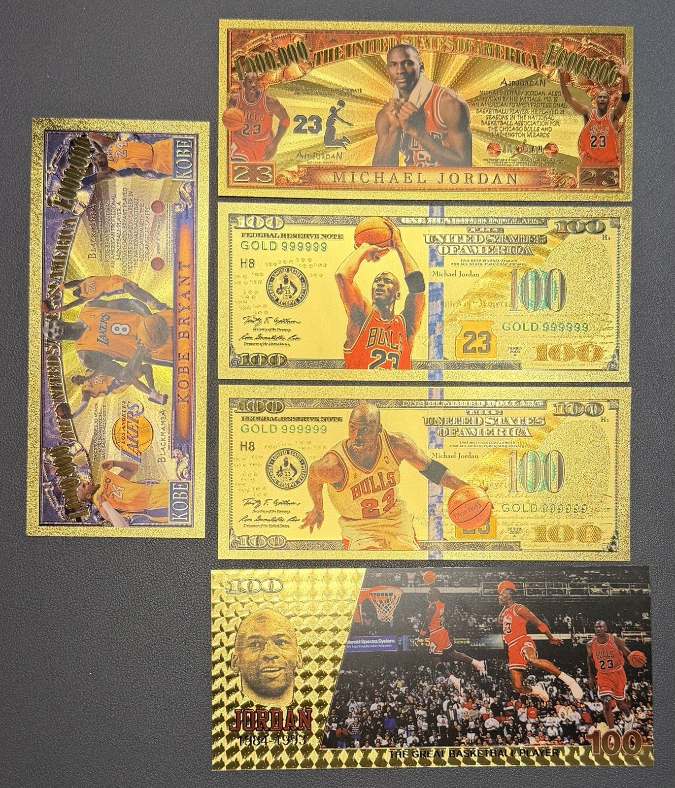 Michael Jordan 24k Gold Foil Banknotes w/ 1 Kobe Note – LOT of 5 In Top Loaders