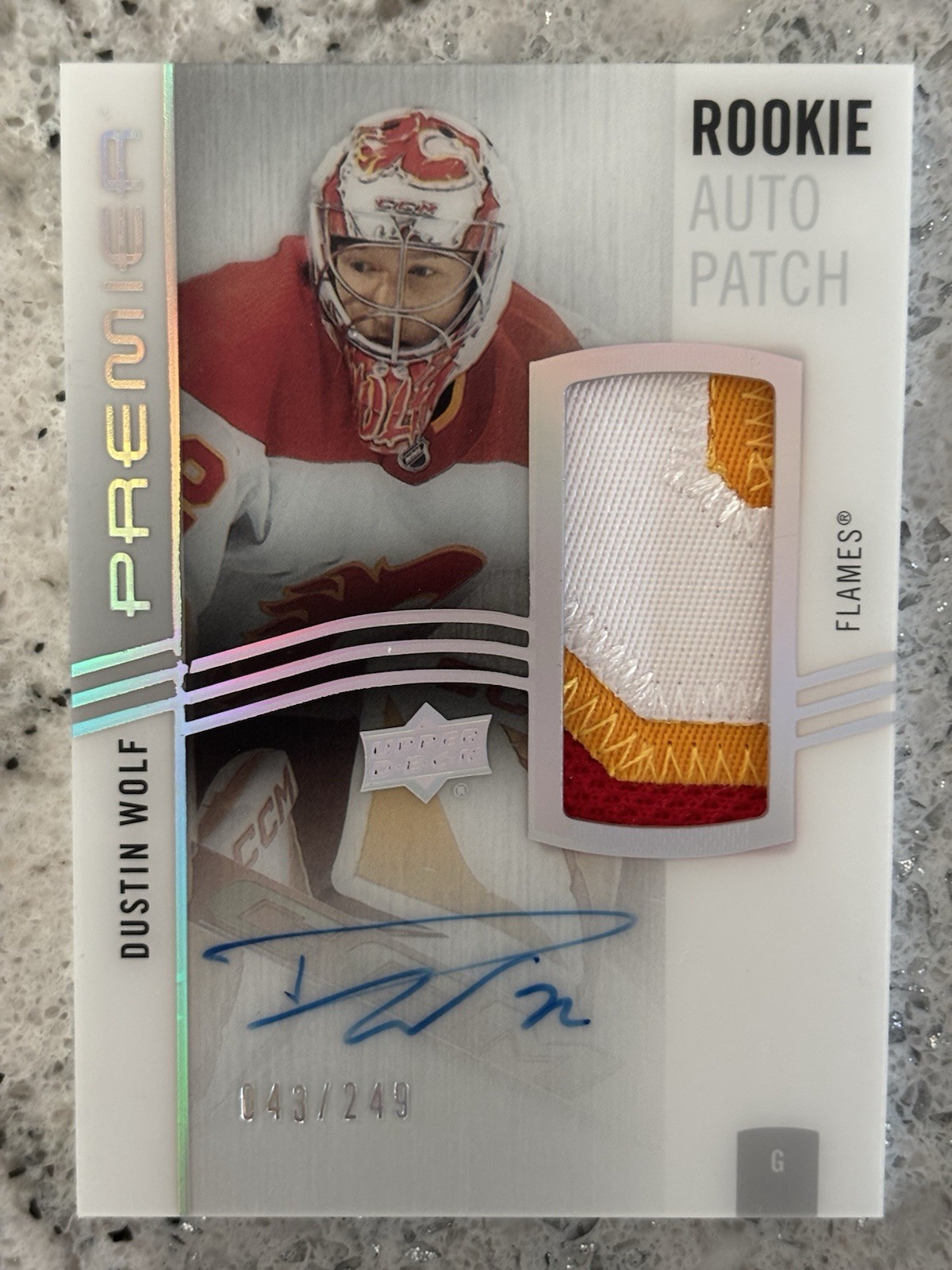 2023-24 Upper Deck Premier – Acetate Rookie Auto Patch Dustin Wolf /249 3 Color!