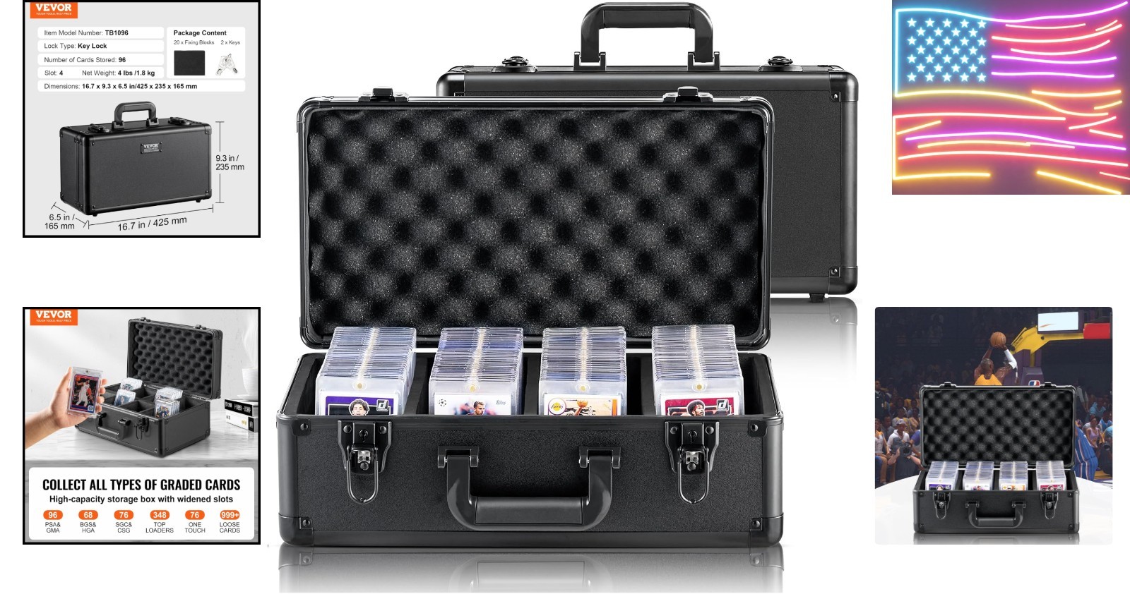 96 PSA Graded Card Storage Box 4 Slots, with Key Lock Foam Dividers, Graded S…