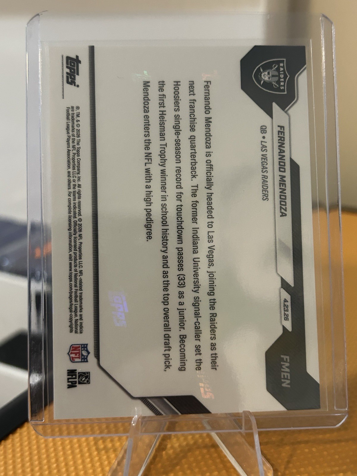 IN HAND🔨Las Vegas Raiders QB RC Fernando Mendoza Topps Now Rookie 2026 #FMEN