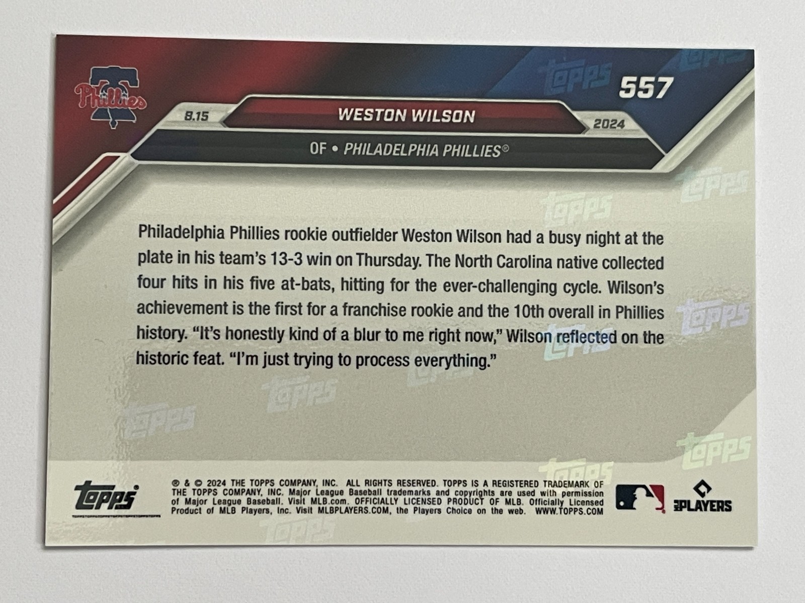 2024 Topps Now Phillies Weston Wilson First Rookie Ever to Hit for Cycle #557