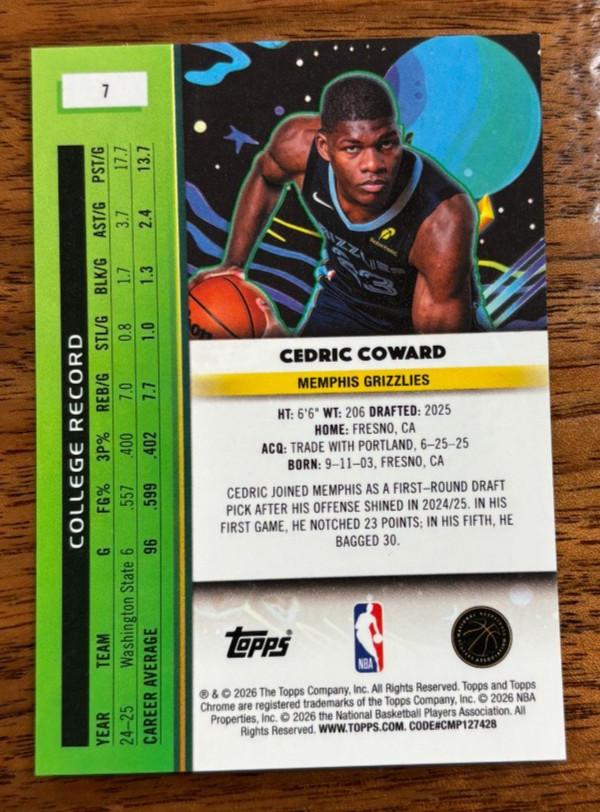 TOPPS 2025-26 COSMIC SSP WHITE HOLE REFRACTOR CEDRIC COWARD RC 260661