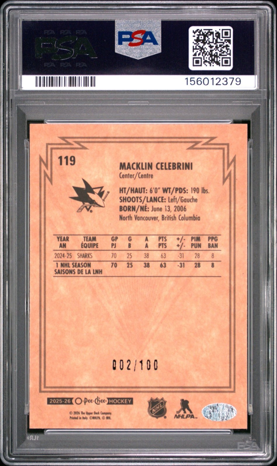 2025-26 O-Pee-Chee #119 MACKLIN CELEBRINI RETRO BLACK BORDER /100 PSA 9 POP 1
