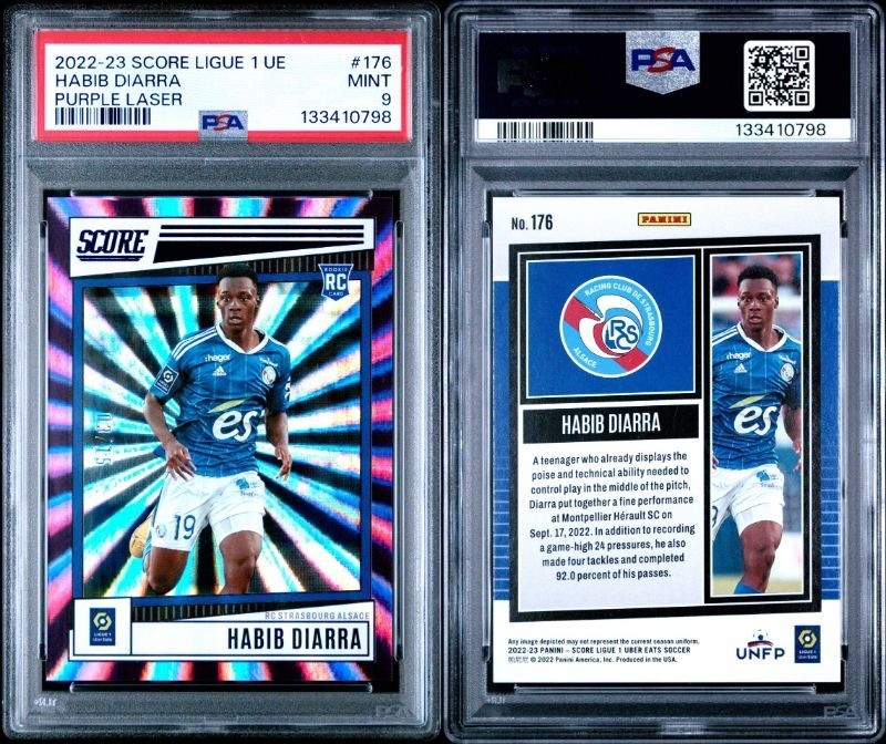 Habib Diarra 2022-23 Panini Score Ligue 1 Rookie RC Purple Laser 15 PSA 9