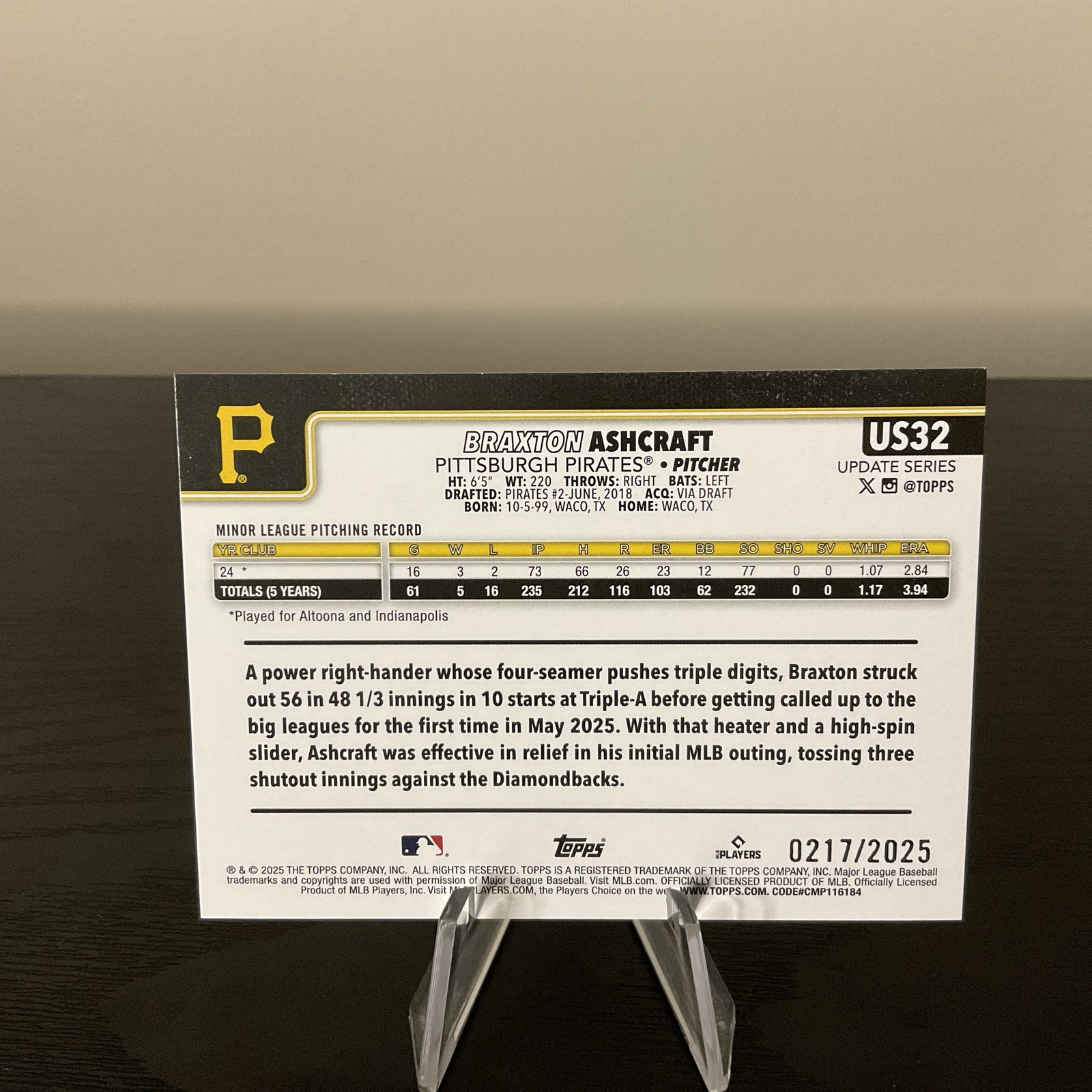 2025 Topps Update Series – Braxton Ashcraft #US32 Gold /2025 RC Pirates