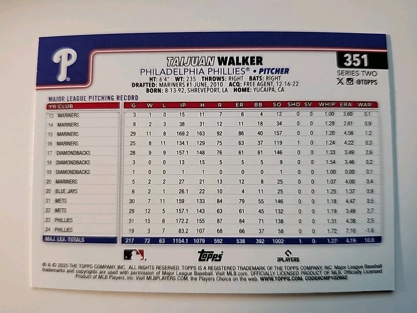 2025 Topps Series 2 – Taijuan Walker #351 Pink Holo Foil B82