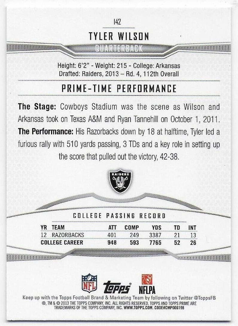 2013 Topps Prime #142 Tyler Wilson RC – Oakland Raiders