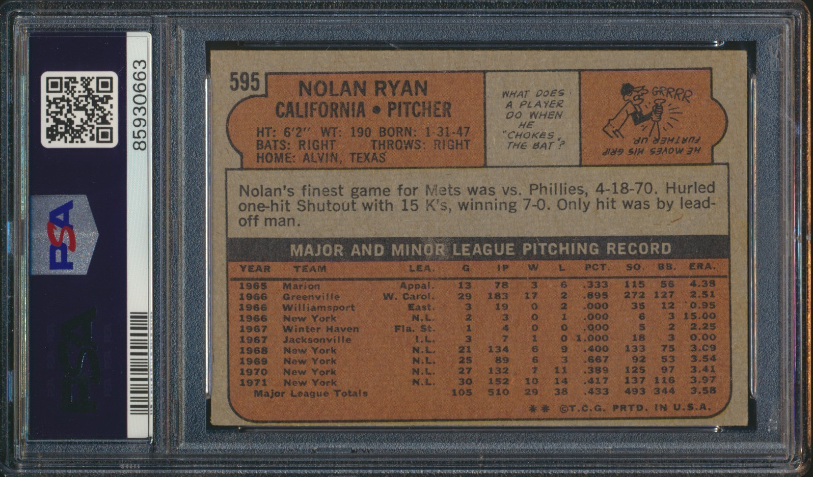 1972 TOPPS BASEBALL #595 NOLAN RYAN PSA 6 EX-MT HOF
