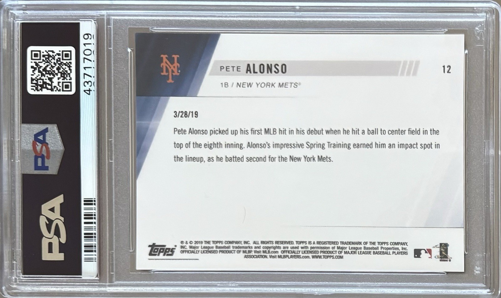 2019 TOPPS NOW #12 ROOKIE PETE ALONSO PSA 10 GEM MT METS DEBUT & FIRST MLB HIT