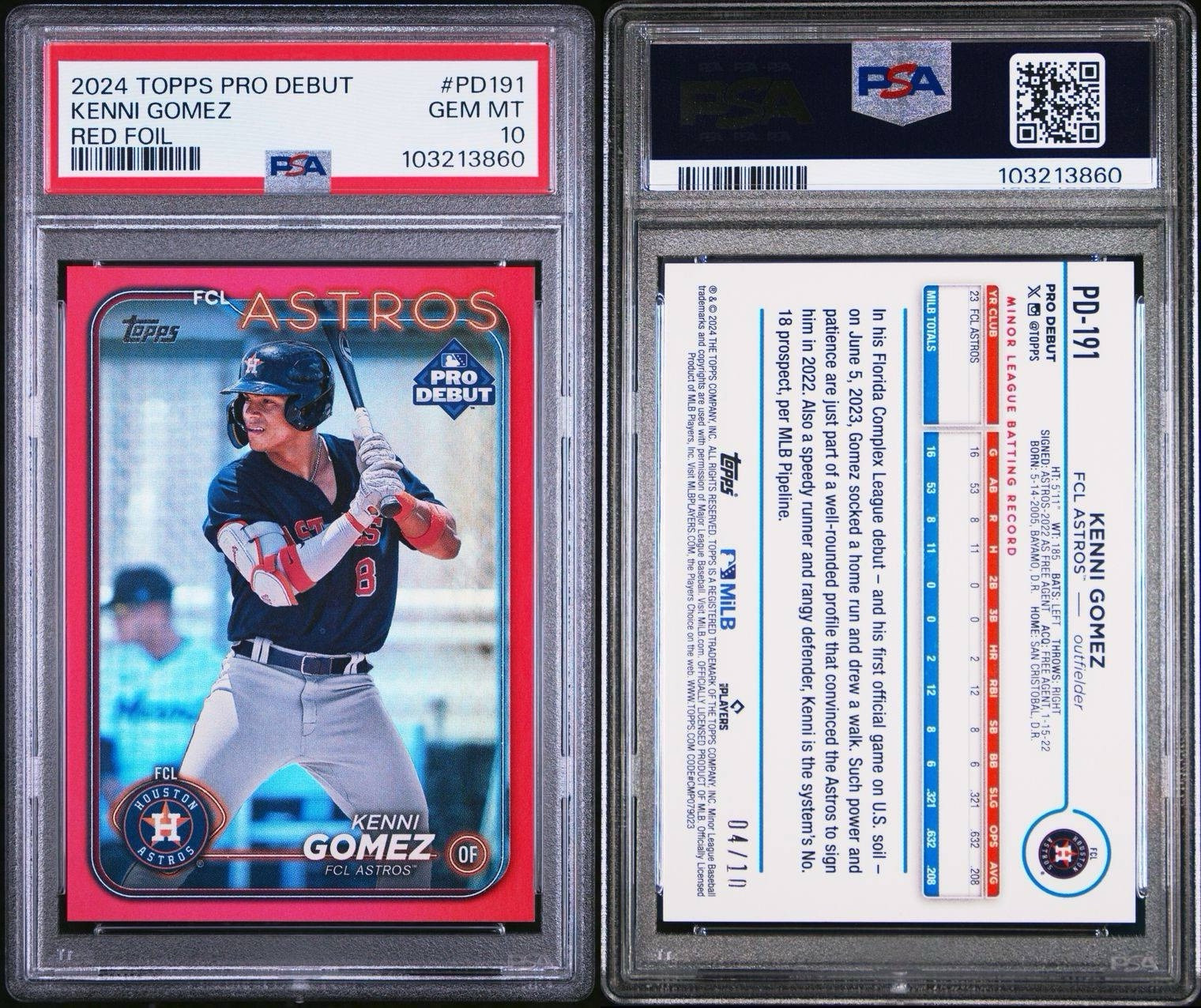 Kenni Gomez 2024 Topps Pro Debut Red Foil /10 #PD-191 PSA Gem 10 Houston Astros