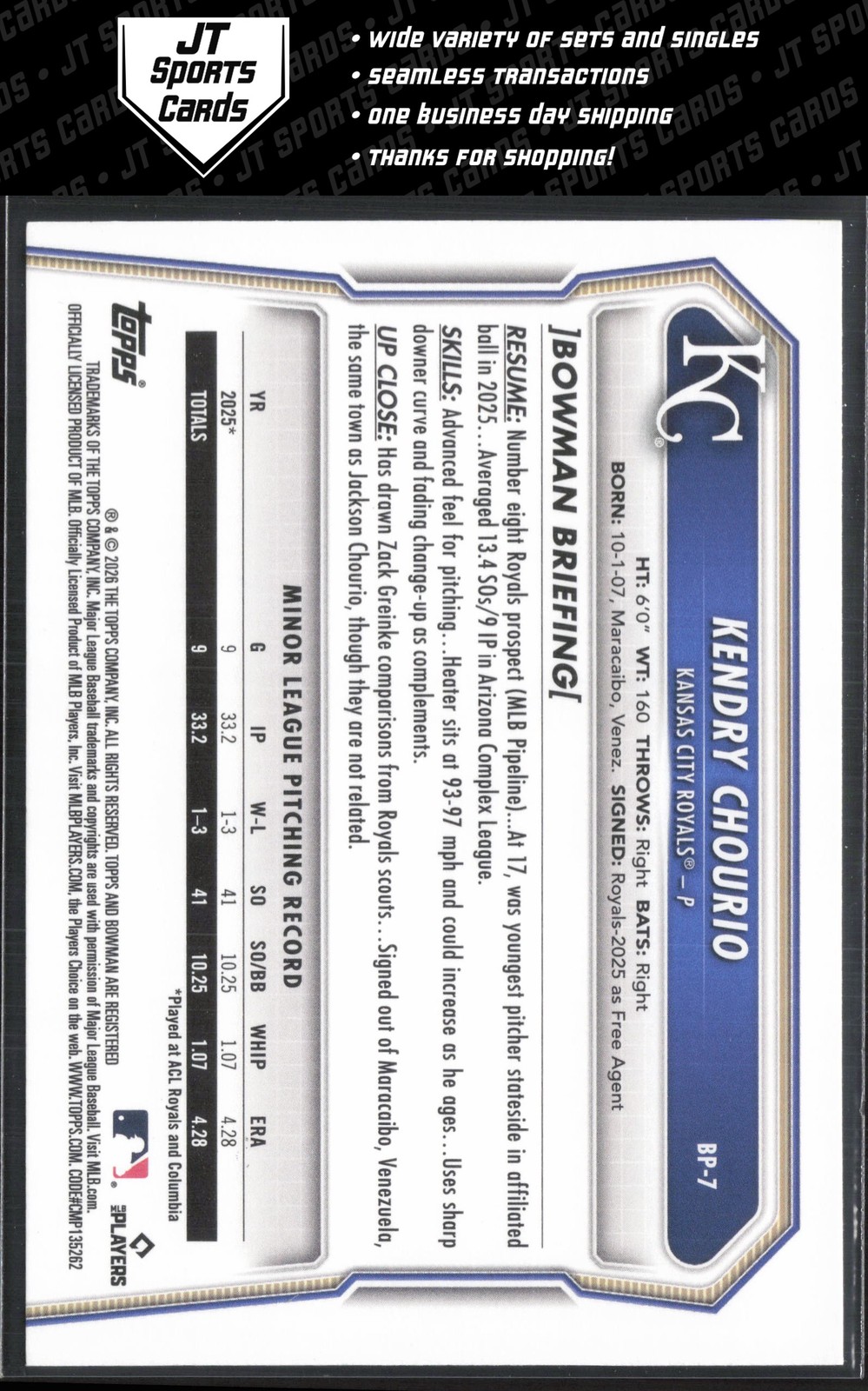 2026 Bowman Kendry Chourio BP-7 1st Purple Pattern /250 Kansas City Royals