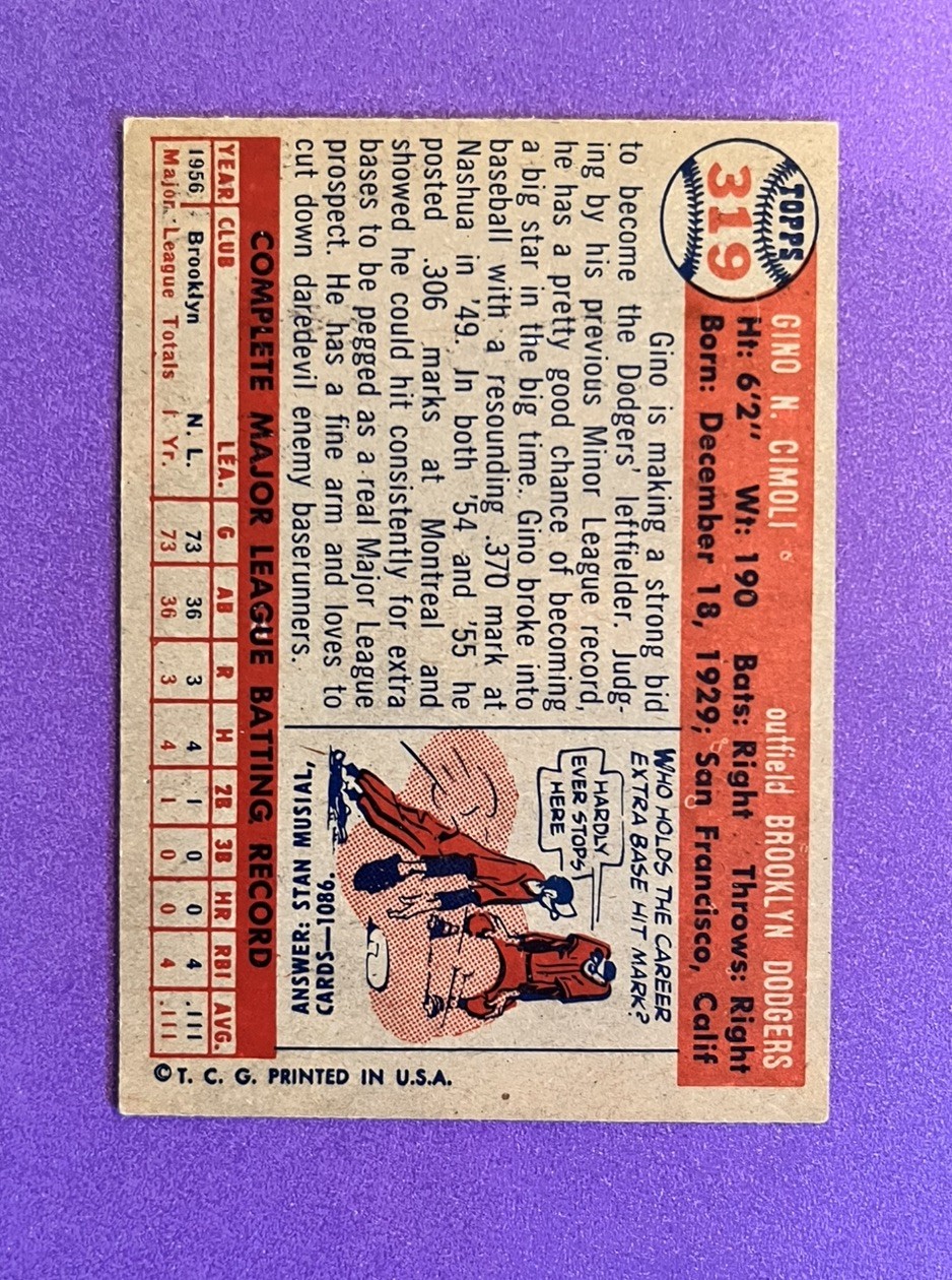 1957 Topps – Gino Cimoli Rookie Card #319 Brooklyn Dodgers