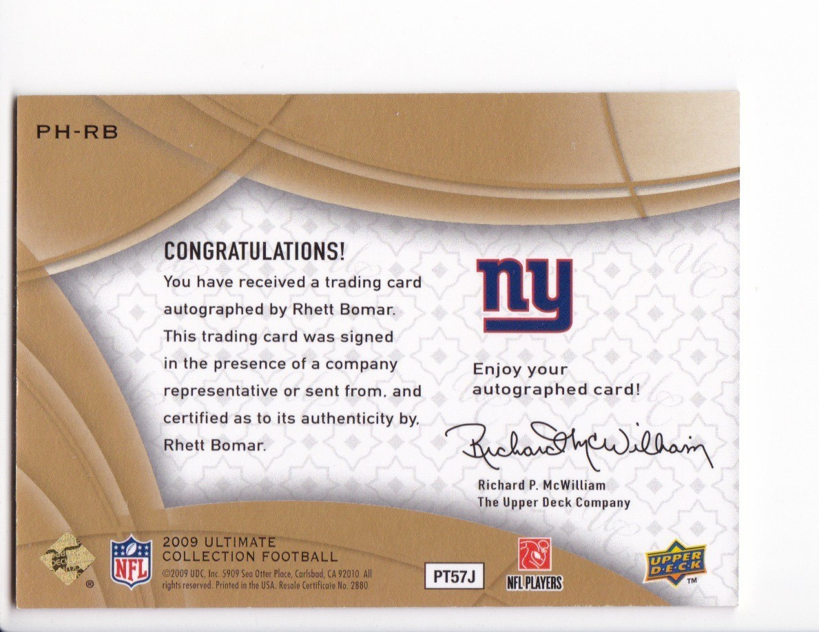RHETT BOMAR 2009 UPPER DECK ULTIMATE FOOTBALL PERSONAL TOUCH RC AUTO PH-RB #2/3
