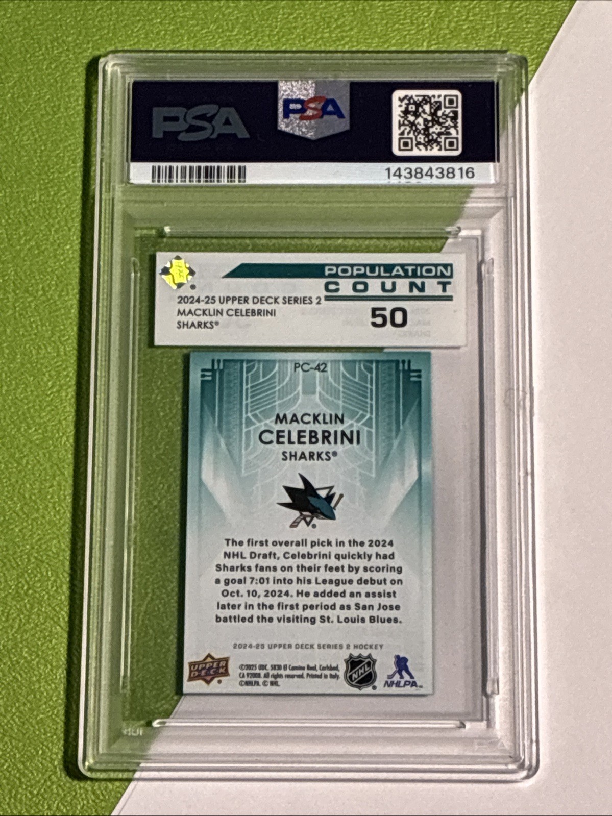 2024 Upper Deck PSA 9 Macklin Celebrini RC #PC42 Population Count 50 /50 S