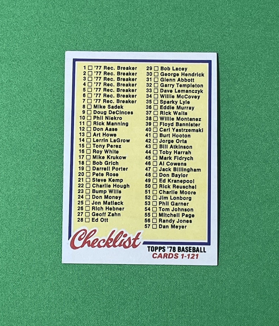 1978 Topps Baseball Checklist Lot • Complete (6) Card Subset • Unmarked • EX/NM