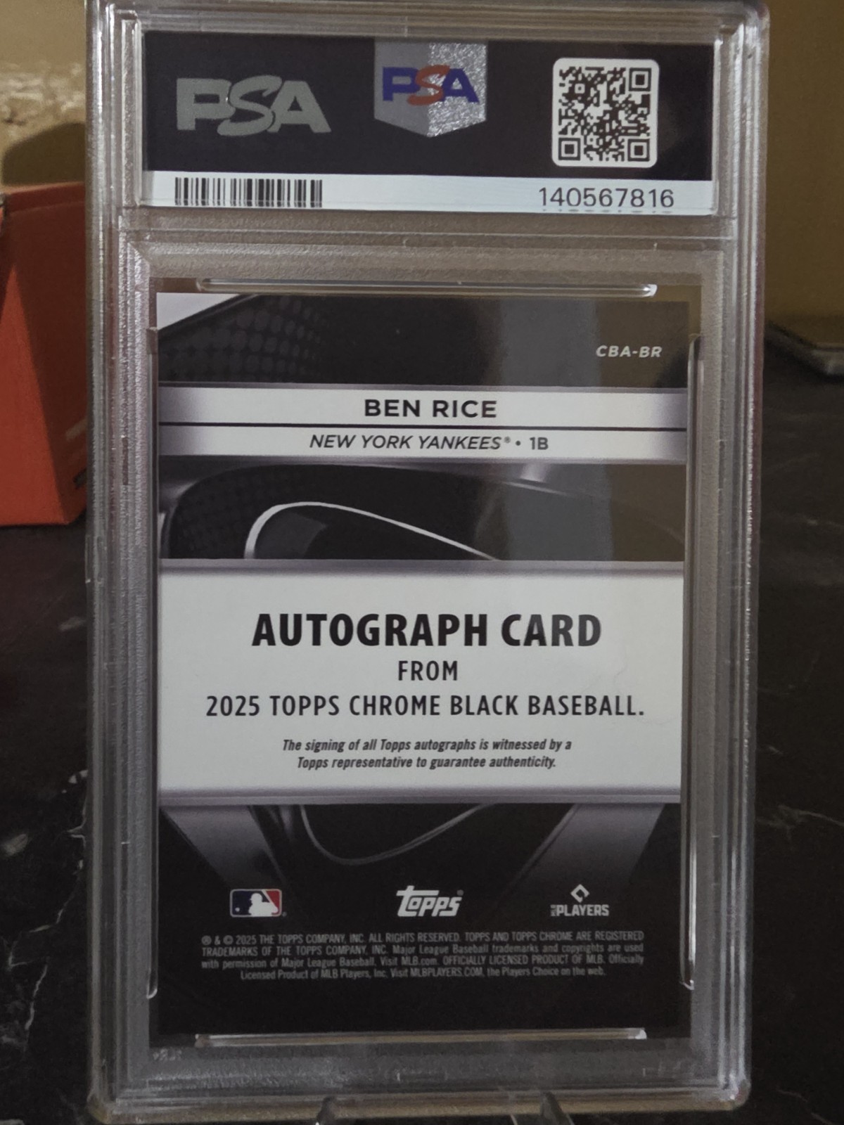 2025 Topps Chrome Black Autographs Ben Rice #BR PSA 10 gem mt 10 & auto 10.