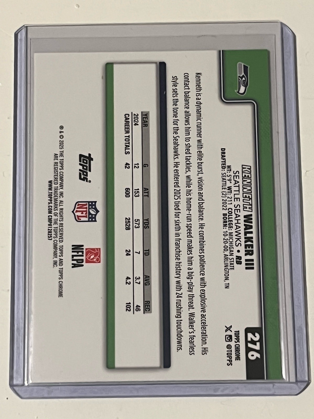 2025 Topps Chrome – Kenneth Walker III #276 Green Wave Refractor /99