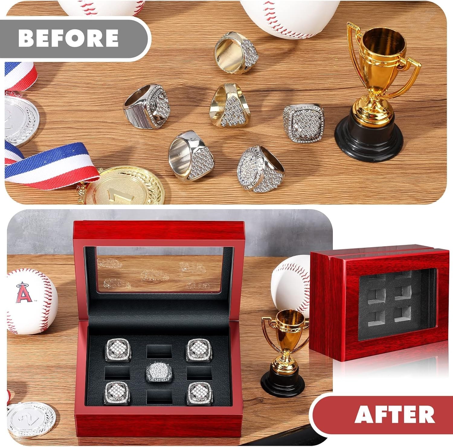 Championship Ring Display Case – Wooden Box with 9 Holes for Multiple Rings – Ba