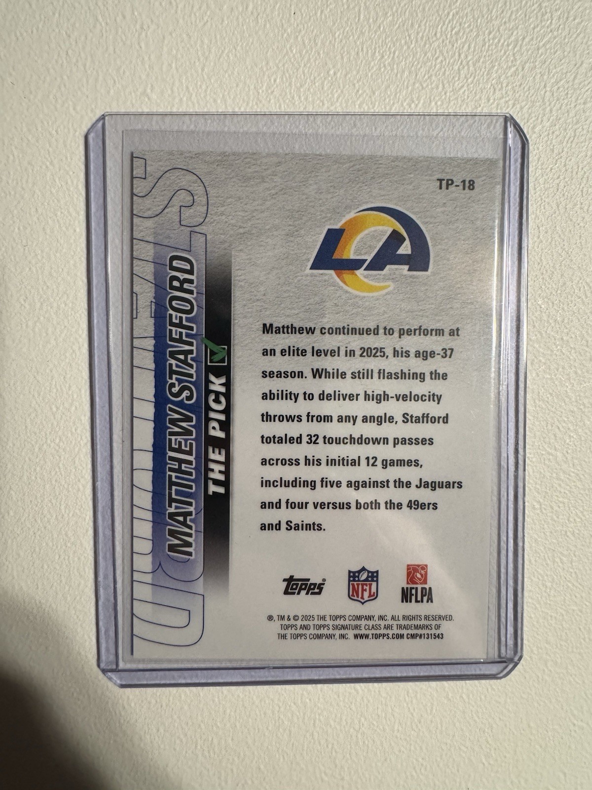 Matthew Stafford RAMS 2025 Topps Signature Class The Pick insert RED #TP-18 /25