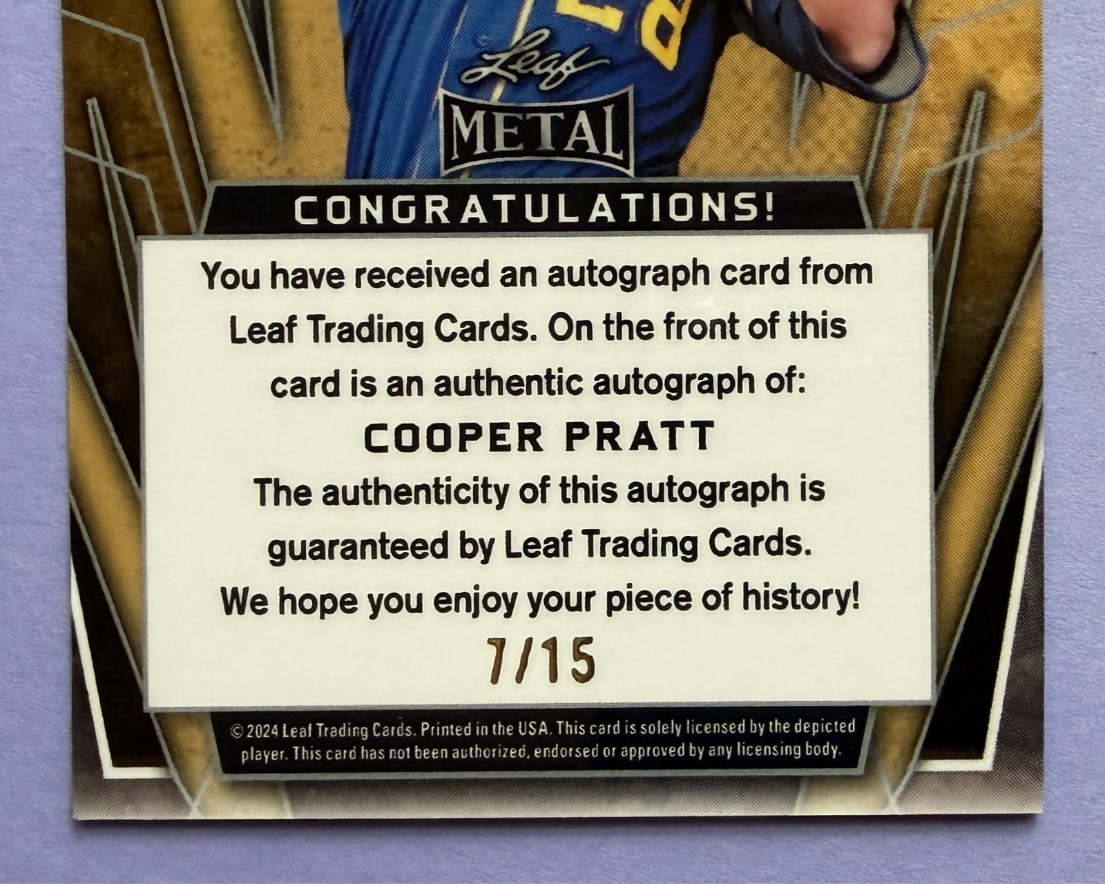2024 Leaf Metal Draft /15 Purple Cooper Pratt Auto #BA-CP2 – MIL Rookie