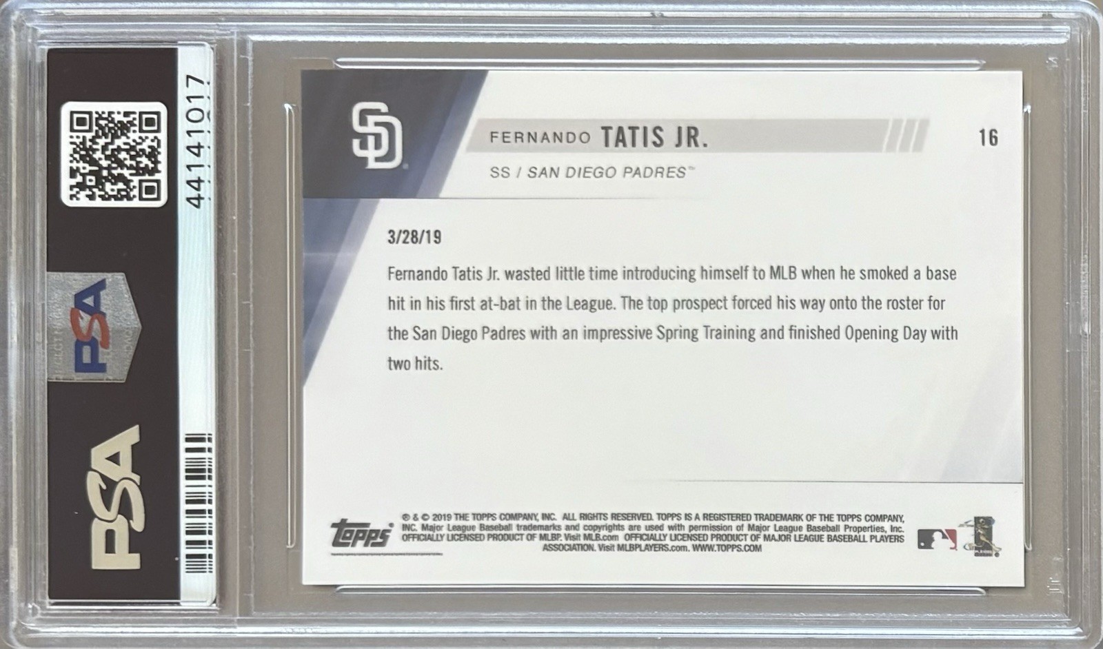 2019 TOPPS NOW #16 FERNANDO TATIS JR. PSA 9 MINT PADRES DEBUT & FIRST MLB HIT