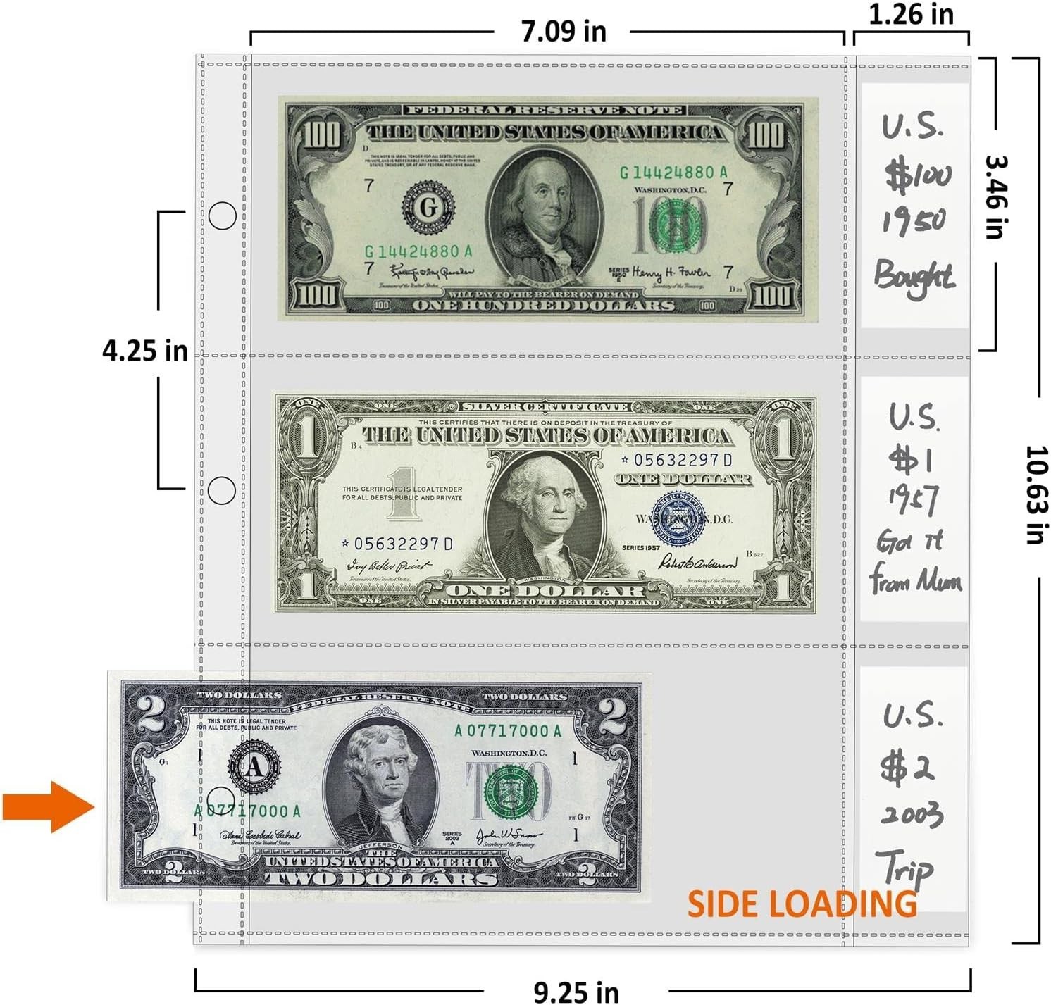 Currency Sleeves with Label Pockets, 50 PCS Banknote Sleeves, 3-Pocket Page P…