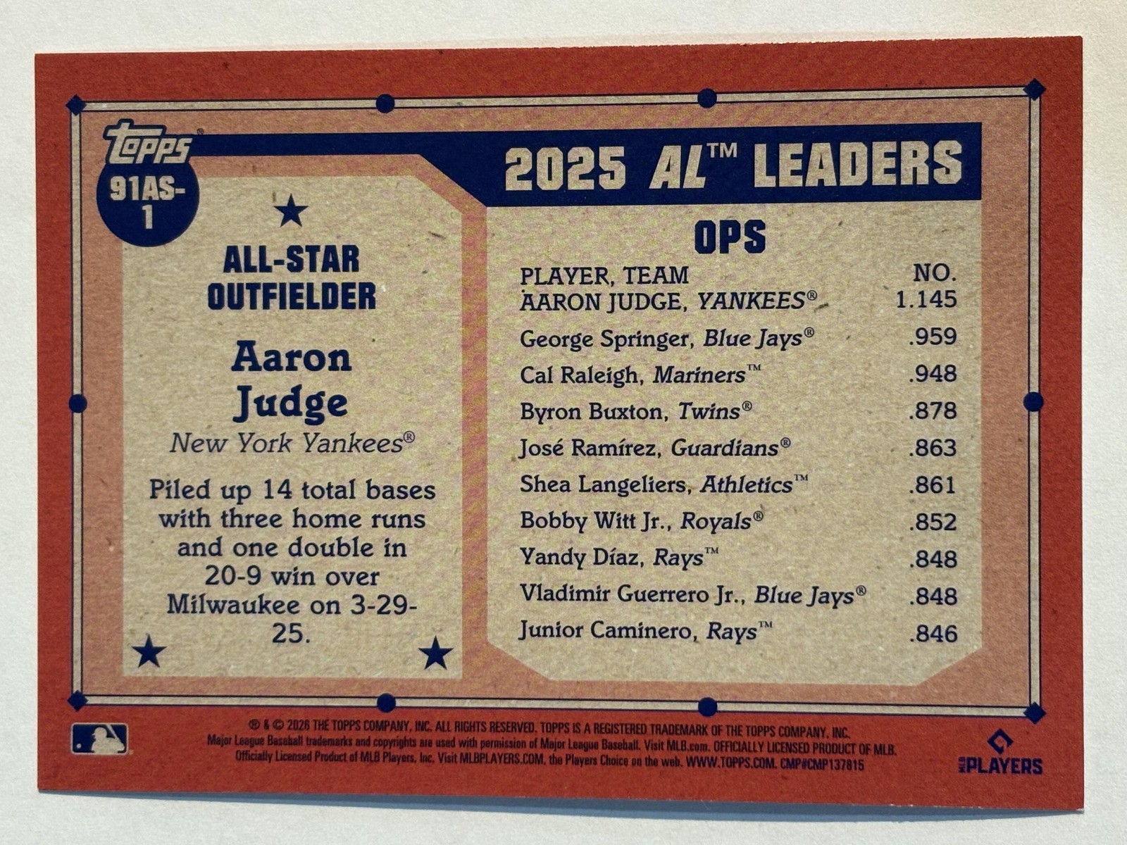2026 Topps 75 Series 2 All-Star Pink Boarder #91AS-1 Aaron Judge