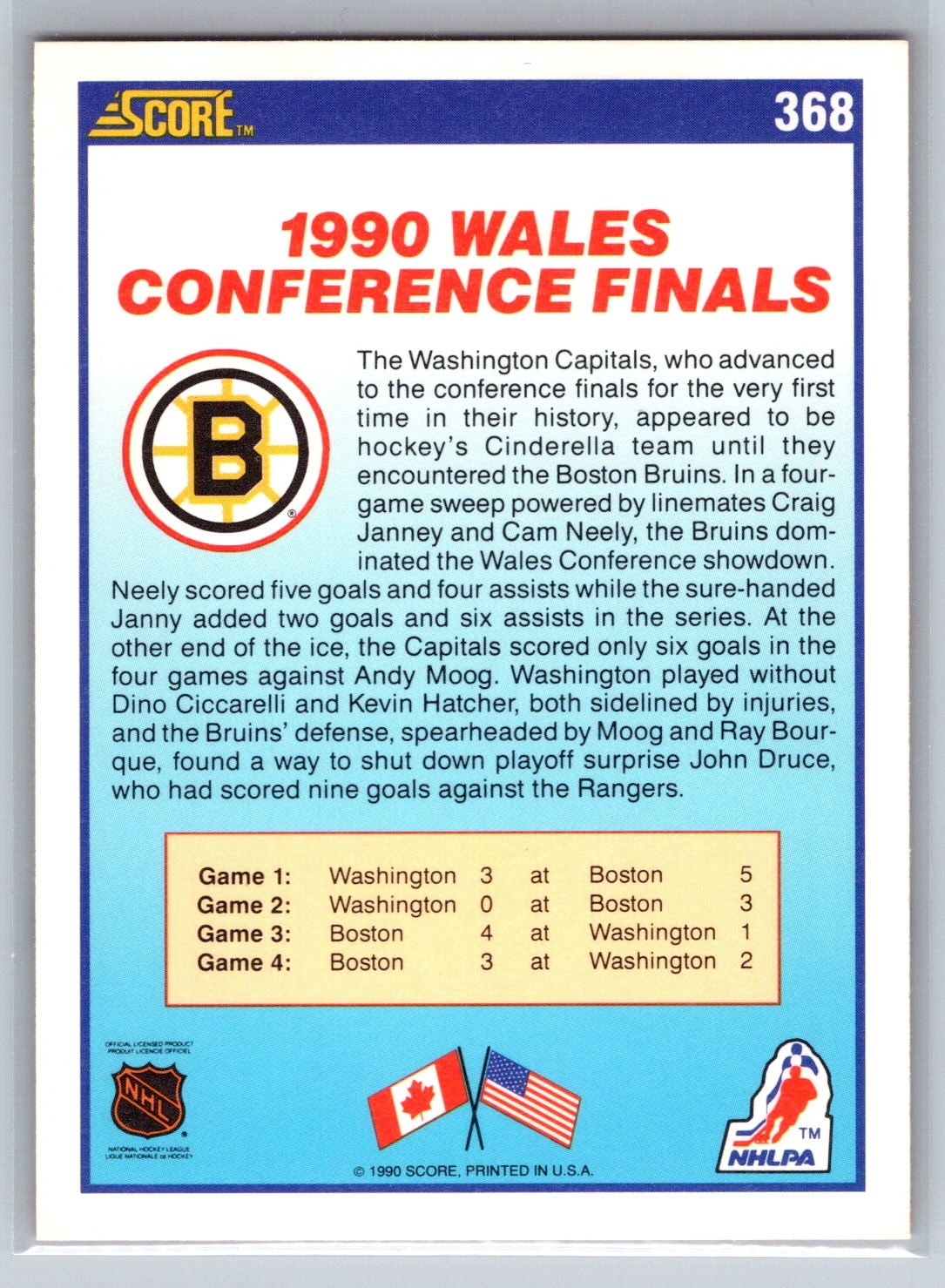 1990-91 Score American #368 Boston Bruins 1990 Conference Champions