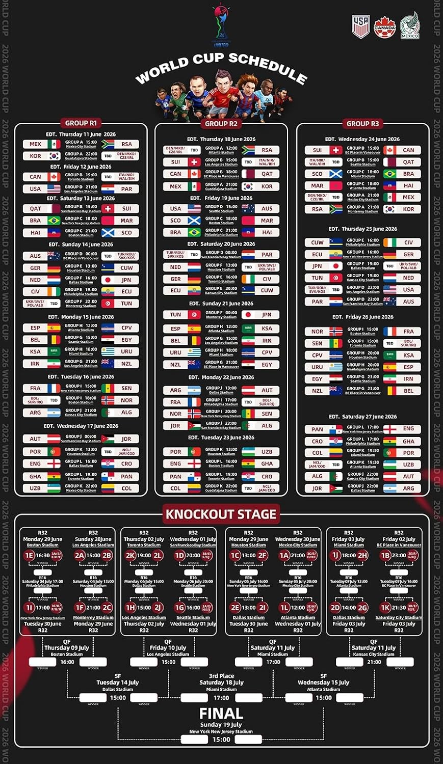 2026 World Cup schedule Poster,47″x27.5″ Soccer Tournament Wall Chart 48-Team Br