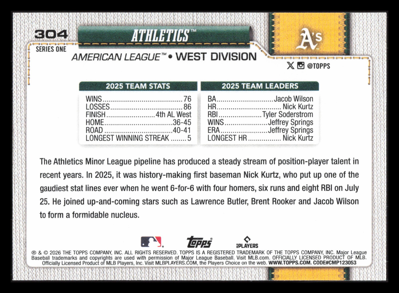 Athletics Team Card 2026 Topps Series 1 #304
