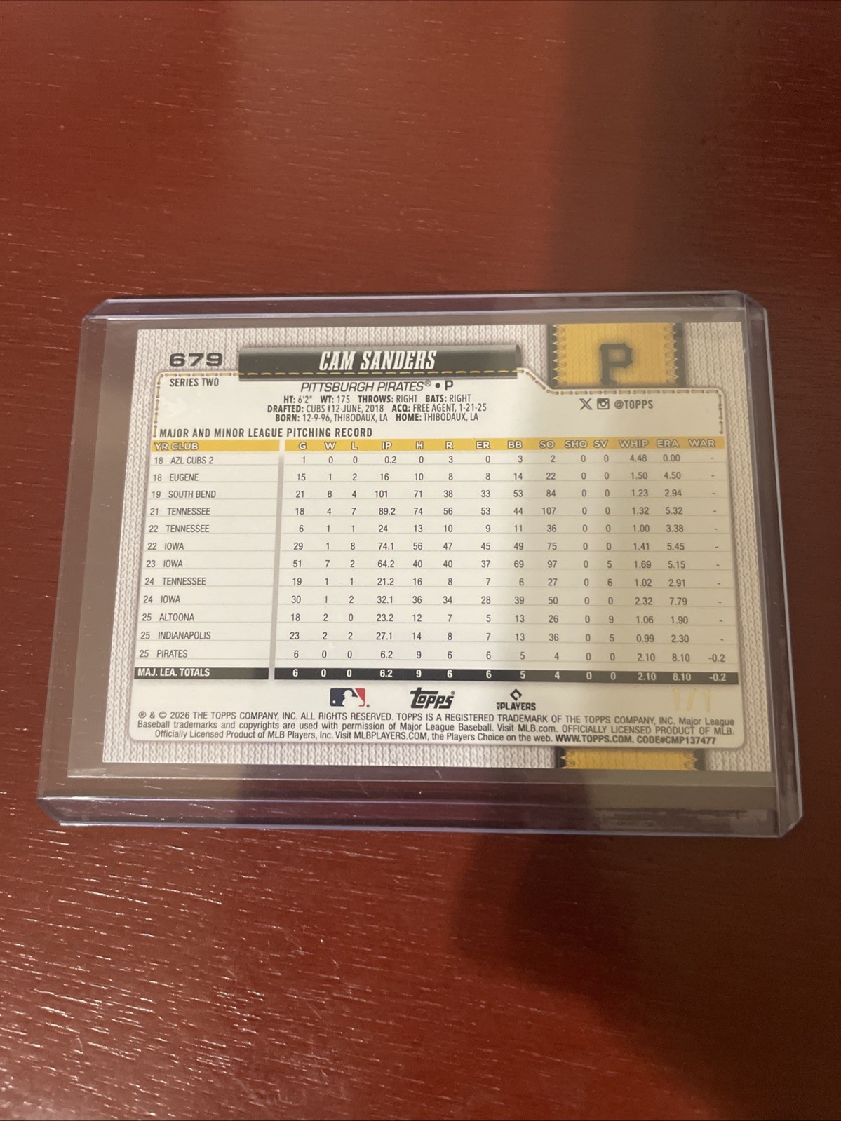 2026 Topps Series 2 Cam Sanders Rose Gold Holo Foil 1/1 Pittsburgh Pirates