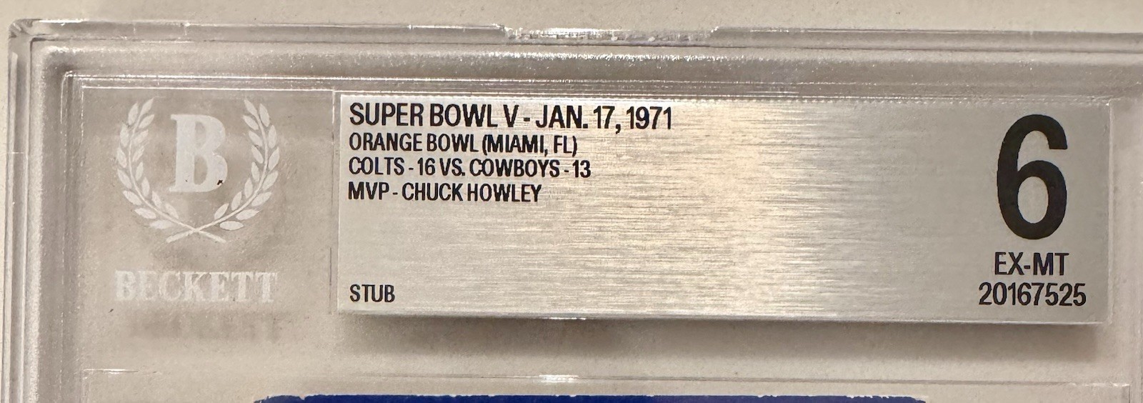 1971 Super Bowl V Ticket Stub Beckett 6 EX-MT Colts Cowboys MVP Howley