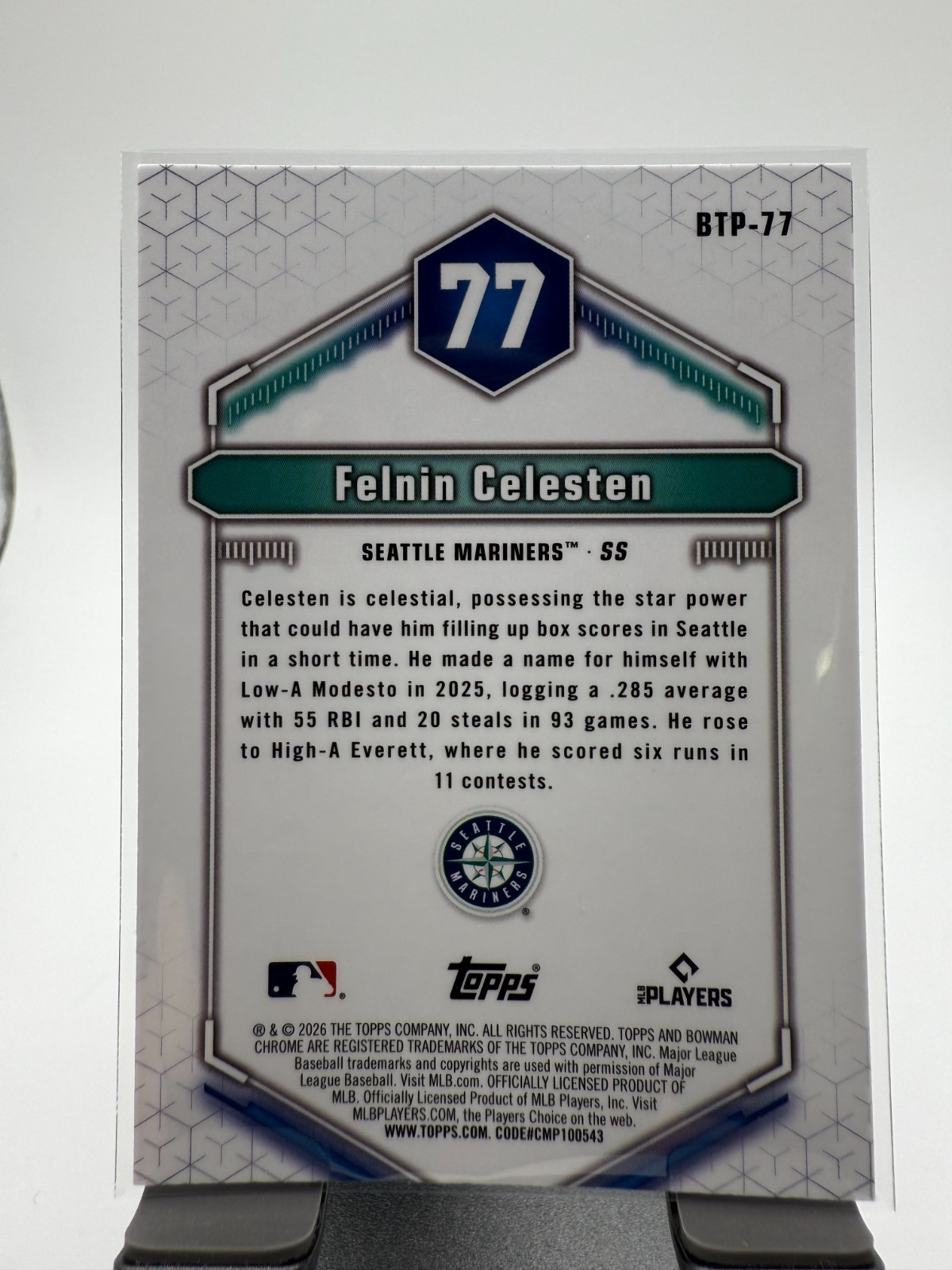 2026 Bowman Chrome Felnin Celesten #BTP-77 Bowman Scouts Top 100 Mariners