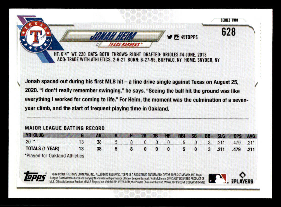 2021 Topps #628 Jonah Heim Rookie Card Texas Rangers