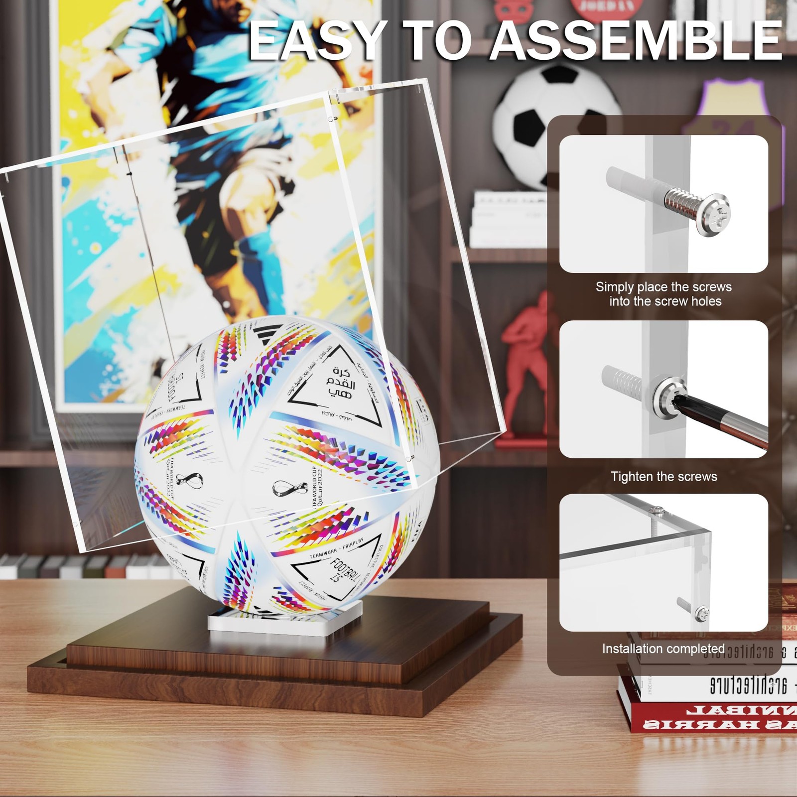 Soccer Ball Display Case with Wood Base, Clear Acrylic Display Case Soccer Bo…