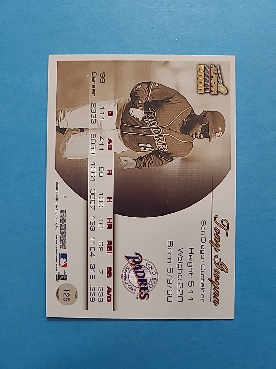 TONY GWYNN 2000 PACIFIC AURORA BASEBALL CARD # 125 H3568