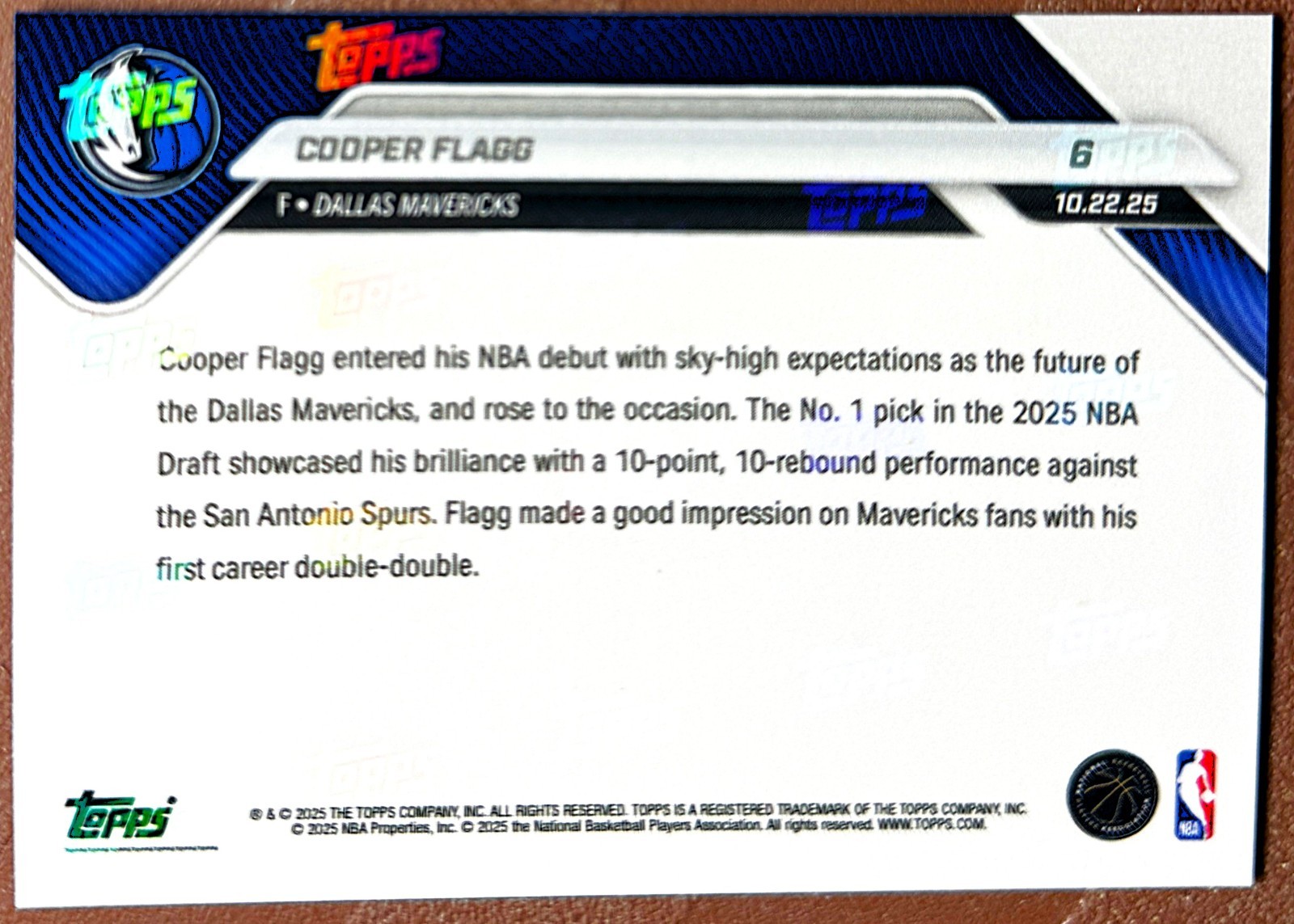 Cooper Flagg 2025-26 Topps Now Basketball RC #6 Rookie Card NBA Debut /43182