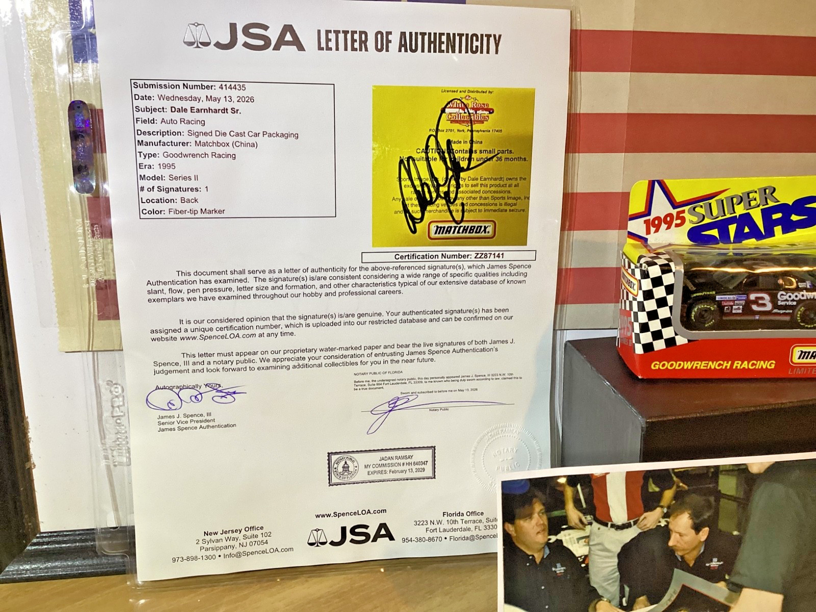 DALE EARNHARDT SIGNED 1995 LIMITED EDITION 1:64 MATCHBOX JSA LETTER AUTHENTICITY