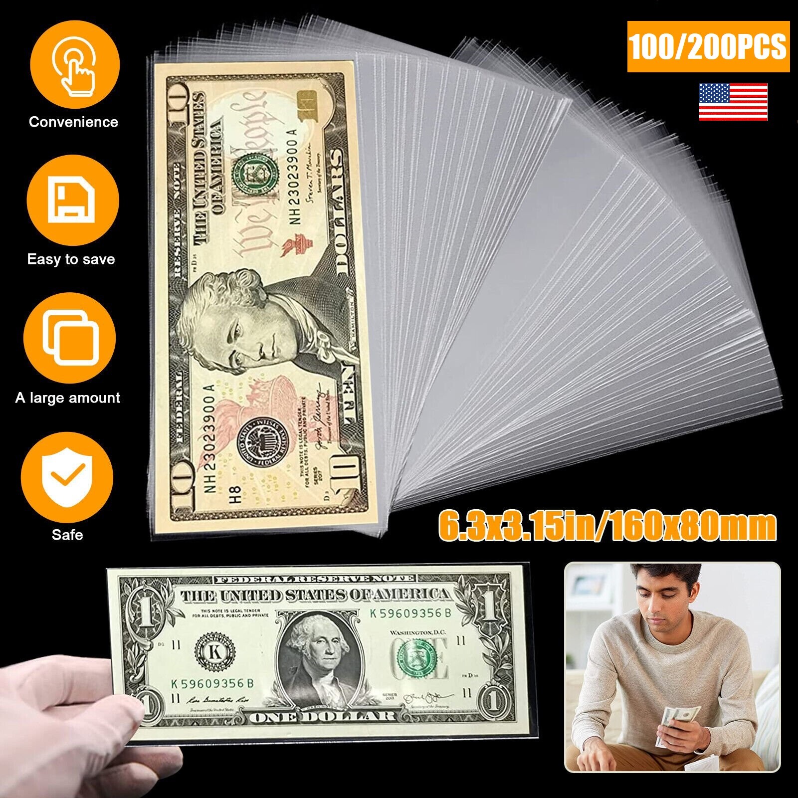 200Pcs Currency Sleeves Paper Money Bill Holder Banknote Storage Protector Case